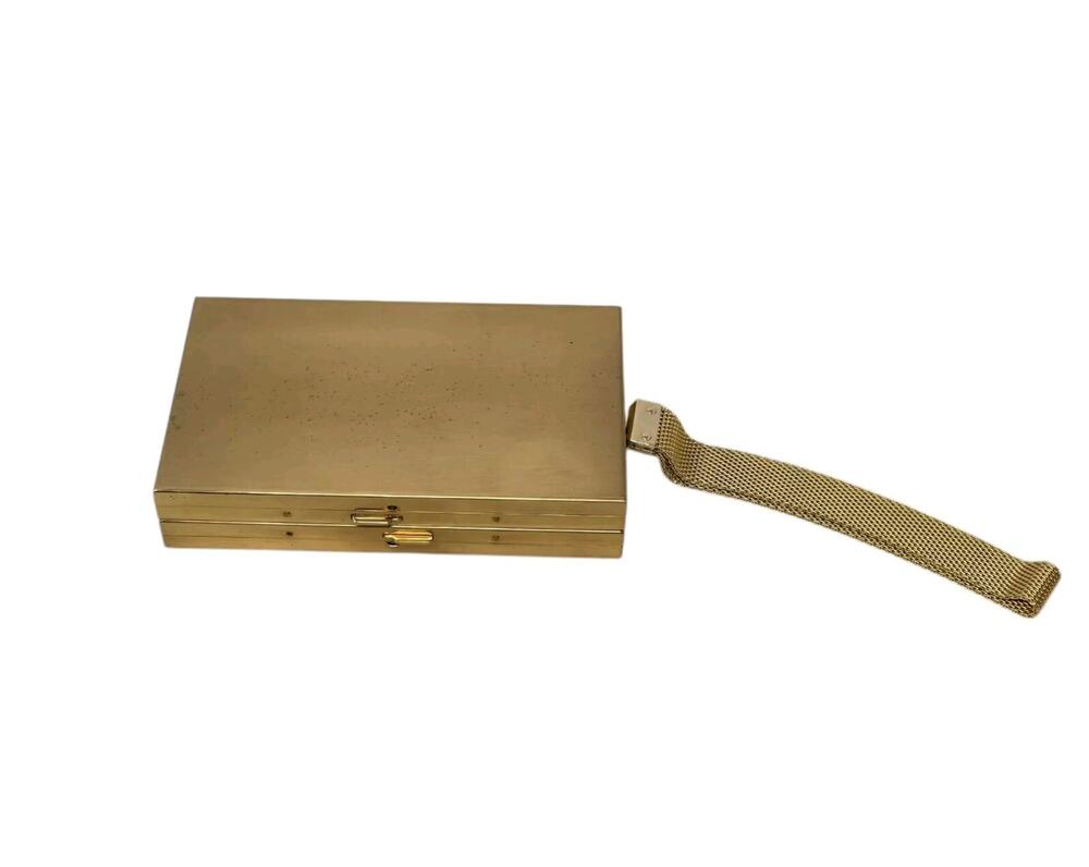 1940s Golden Metal Makeup Compact Mini Purse With Original Pouch